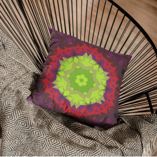 Almofada Retro Mandala Flor Verde Vermelho e Roxo