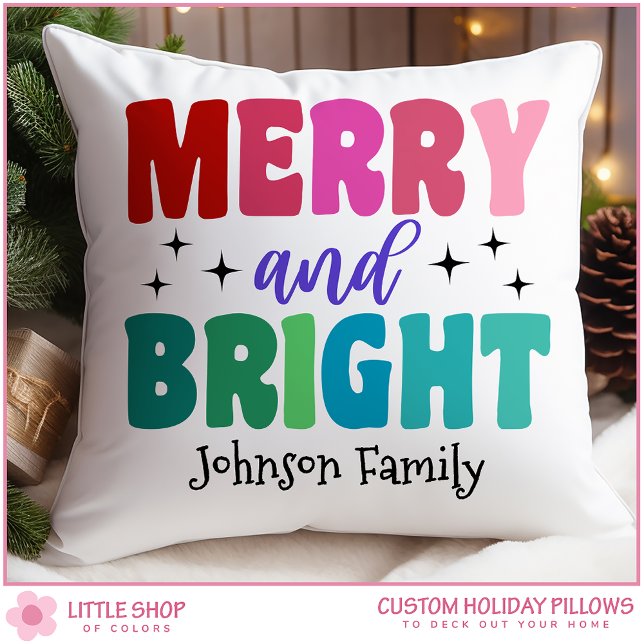 Almofada Retro Merry and Bright Customizable Name Christmas (Criador carregado)