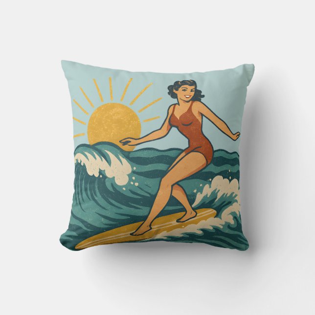 Almofada Retro Pinup Surfer Reversible Surfboard Print (Frente)