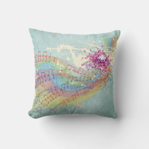 Almofada Retro Rainbow e Music Notes em uma Textura Shabby