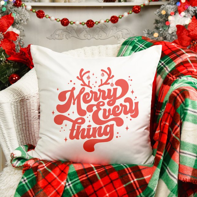 Almofada Retro Red White Feliz tudo Feliz Natal (Retro Red White Merry everything Merry Christmas Throw Pillow)