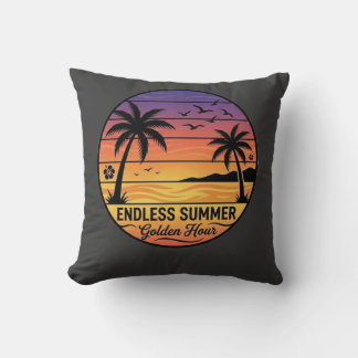 Almofada Retro Tropical Sunset Palm Trees Beach Throw Pillo