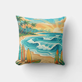 Almofada Retro Tropical Surf Beach Waves Throw Pillow