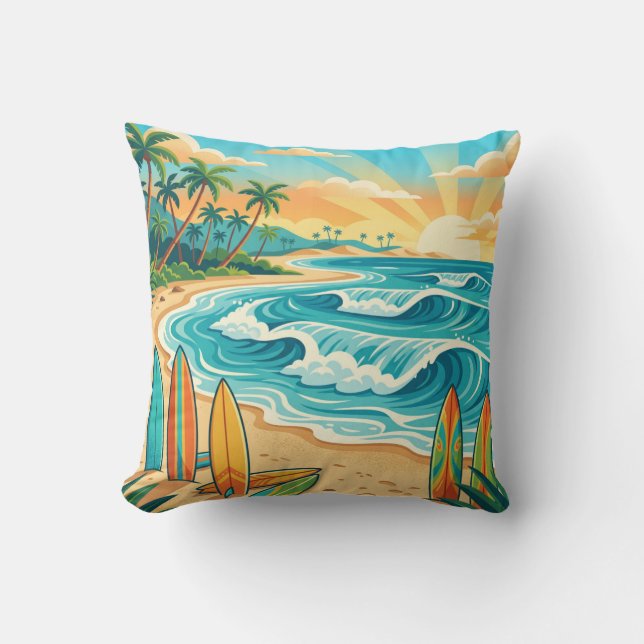 Almofada Retro Tropical Surf Beach Waves Throw Pillow (Frente)