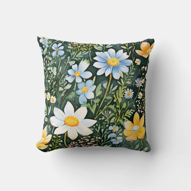 Almofada Retro Watercolor Flores Selvagens Padrão Sem Costu (Frente)