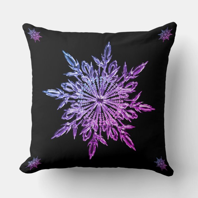 Almofada Reversible bling preto roxo do floco de neve do (Frente)