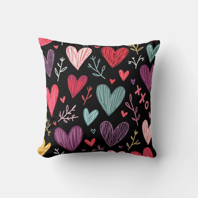 Almofada Rich Black Playful Hand-Drawn Hearts Throw Pillow (Frente)