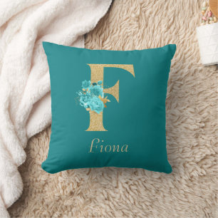 Almofada Rico Dourado e Aqua Floral - Letra F Travesseiro d