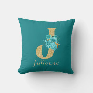 Almofada Rico Dourado e Aqua Floral - Letra J Travesseiro d