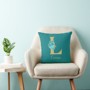 Almofada Rico Dourado e Aqua - Letra Floral L Travesseiro d