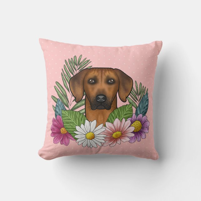 Almofada Ridgeback, Cabeça De Ridgeback E Flores Selvagens  (Frente)