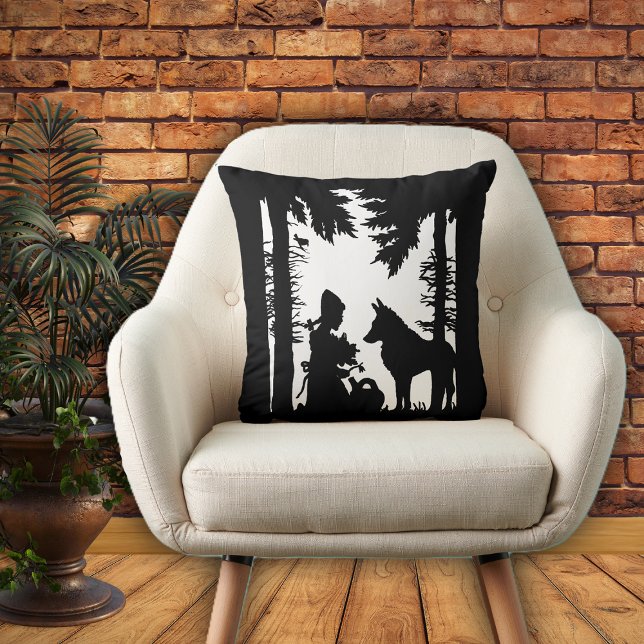 Almofada Riding Hood Watering Can Flowers wolf Forest (Black white decorative pillow with red riding hood in the forest under trees with the wolf.)