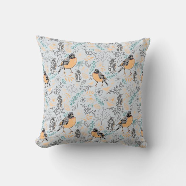 Almofada Robin Bird Mama e Baby Summer Brood com Flores (Frente)
