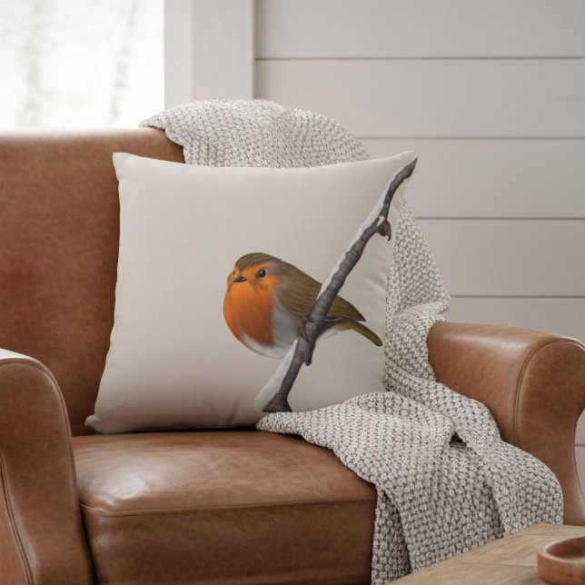 Almofada Robin Bird Winter Branch Natural Travesseiro decor (A lone robin sits on a winter branch. He would love to sit on your sofa or armchair)