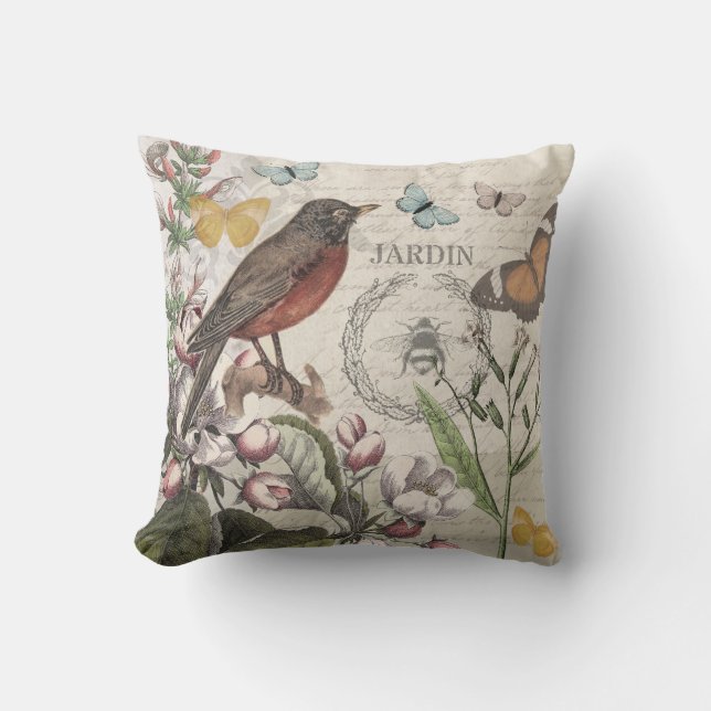 Almofada Robin Elegant Bird Butterfly Arte Francesa (Frente)
