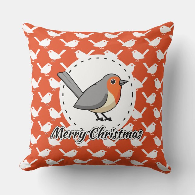 Almofada Robin on Orange White Bird Pattern - Feliz Natal (Frente)