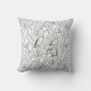 Almofada Robins e flores, preto e branco