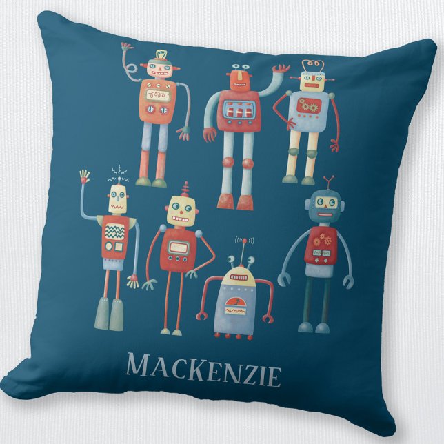 Almofada Robôs bonitos personalizados (Fun personalized retro robot throw pillow)