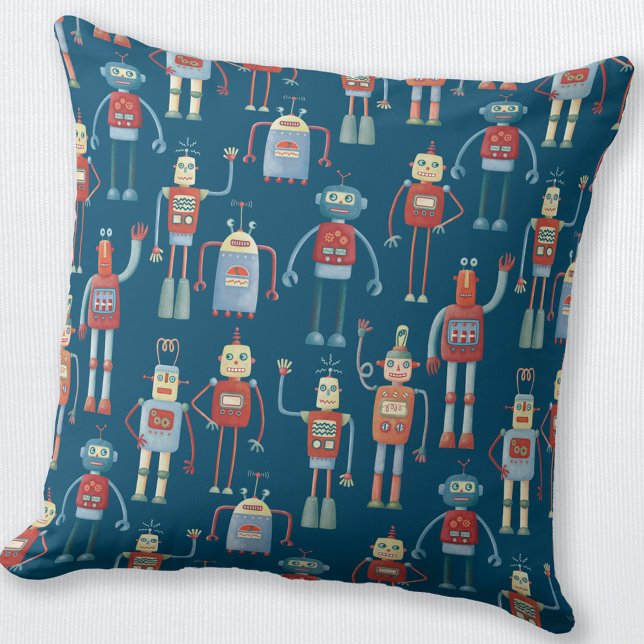 Almofada Robôs Cutis (Fun retro robot pattern throw pillow)