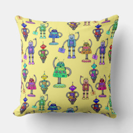 Almofada Robôs giros coloridos num fundo amarelo