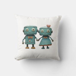 Almofada Robôs Vintage Fofo em Arte de Casal Apaixonado