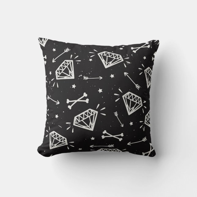 Almofada Rock Grunge: diamantes, padrão ósseo. (Frente)