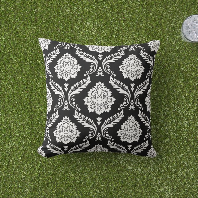 Almofada Rococó Damask Grande Padrão Branco no Preto (Grama)