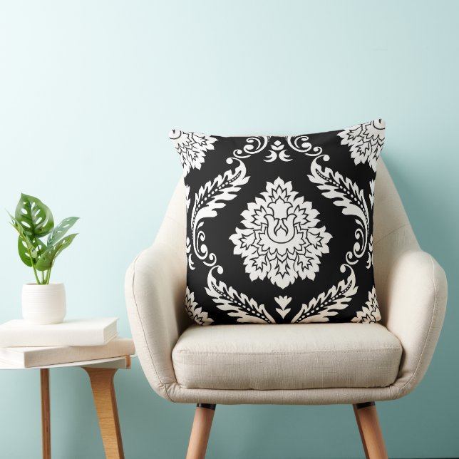 Almofada Rococo Damask Padrão Grande Branco no Preto (Cadeira)