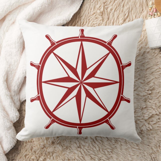 Almofada Roda do Navio Vermelha Náutica em Branco (Cobertor)