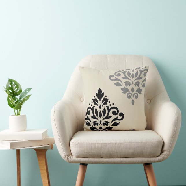 Almofada Rolar Damask Art I Black Cinza Creme (Cadeira)