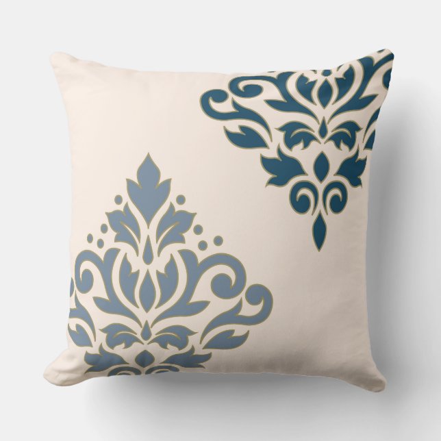 Almofada Rolar Damask Art I Blues Dourado (linha) Creme (Frente)