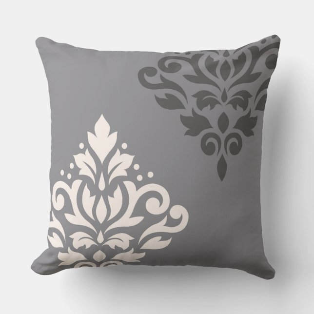 Almofada Rolar Damask Art I Cream & Grays (Frente)