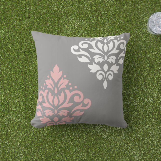 Almofada Rolar Damask Art I Pink White Cinza (Grama)