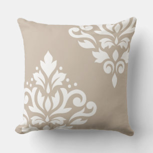 Almofada Rolar Damask Art I White on Light Taupe