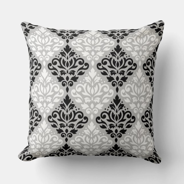 Almofada Rolar Damask Big Ptn B&W na Cinza (Frente)