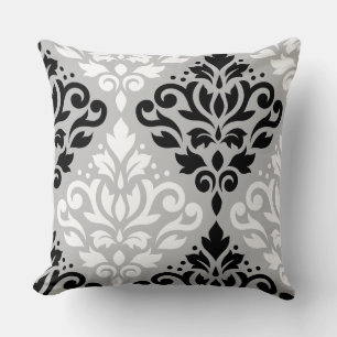 Almofada Rolar Damask Lg Ptn Art B&W em Cinza