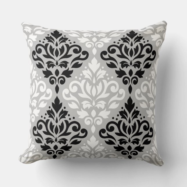 Almofada Rolar Damask Lg Ptn B&W na Cinza (Frente)