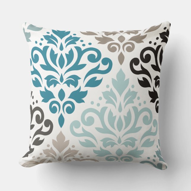 Almofada Rolar Damask Offset Ptn Art Teals Browse White (Frente)