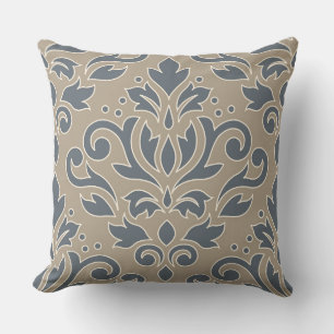 Almofada Rolo Damask Desenho Grande Creme Linha Azul Areia