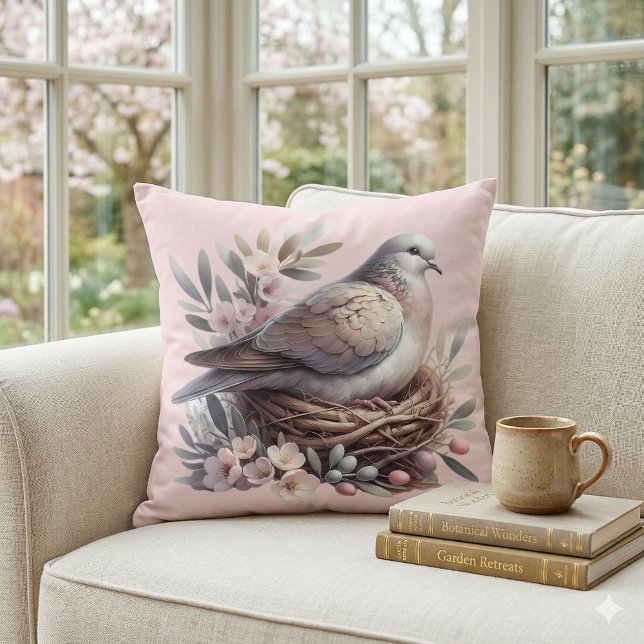 Almofada Rolo de Rôma com Flores e Ramos de Oliveira (Blush Dove Nest with Flowers and Olive Branches Throw Pillow Mockup C)