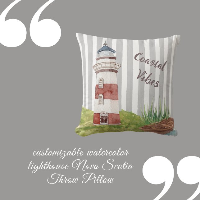 Almofada romantic watercolor lighthouse grey white stripes  (customizable watercolor lighthouse Nova Scotia Throw Pillow by Hobinishop)