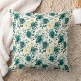 Almofada Romântica Creme Verde-Teal Rosa Floral