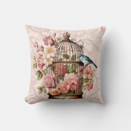 Almofada Romântica Gaiola de Pássaros Floral Aquarela Vinta