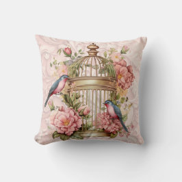 Almofada Romântica Gaiola de Pássaros Floral Aquarela Vinta
