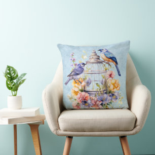 Almofada Romântica Vintage Watercolor Birdcage Floral