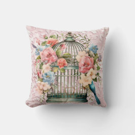 Almofada Romântica Vintage Watercolor Birdcage Floral