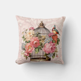 Almofada Romântico Cage de Pássaros Floral Aquarela Vintage