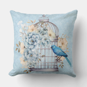 Almofada Romântico Cage de Pássaros Floral Aquarela Vintage
