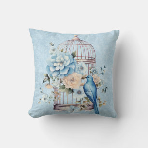 Almofada Romântico Cage de Pássaros Floral Aquarela Vintage