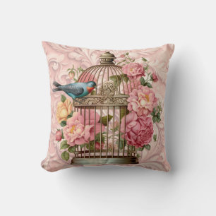 Almofada Romântico Cage de Pássaros Floral Aquarela Vintage
